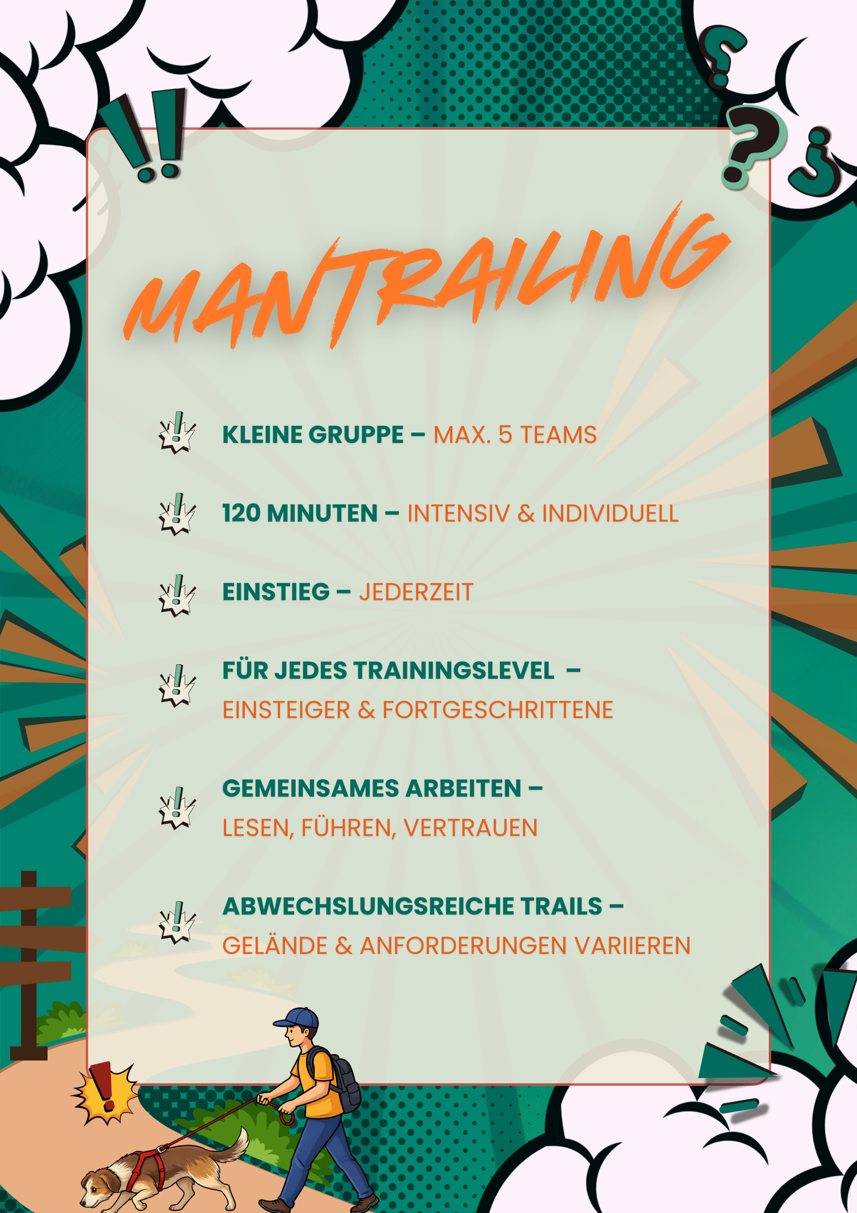 Grafik zum Mantrailing-Training mit Hund und Mensch. Beworben werden kleine Gruppen, individuelle Betreuung, Einstieg jederzeit und abwechslungsreiche Suchtrails.